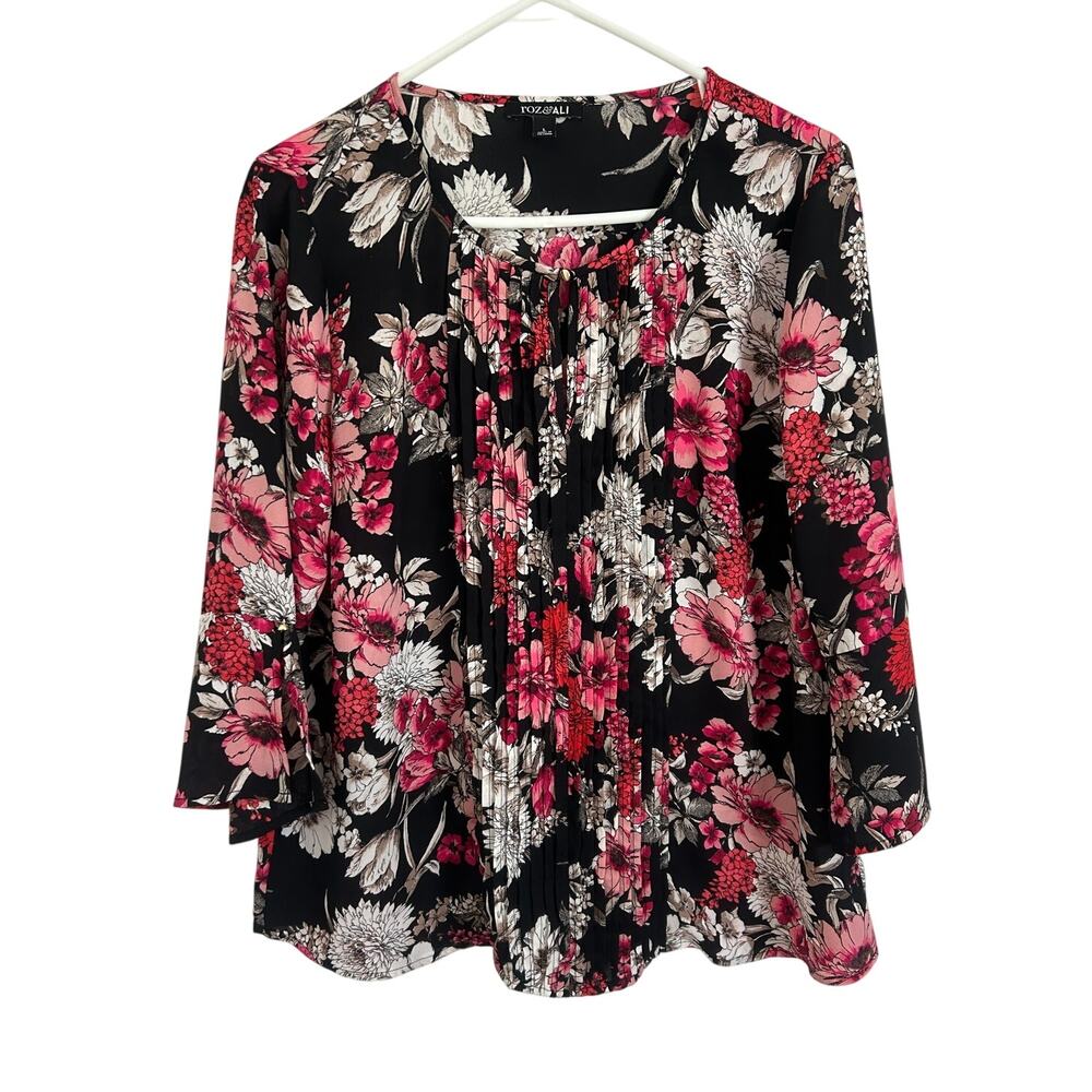 Roz & Ali Floral Pleated Front Blouse Red Pink Black 3/4 Bell Sleeves Large